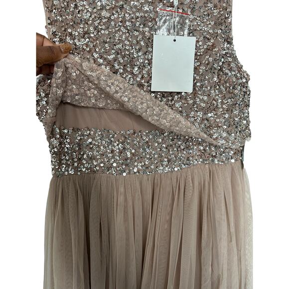 NWT Maya Deluxe Taupe Sequin Sleeveless Pop Over Tulle Maxi Dress Size 8 - Picture 9 of 14